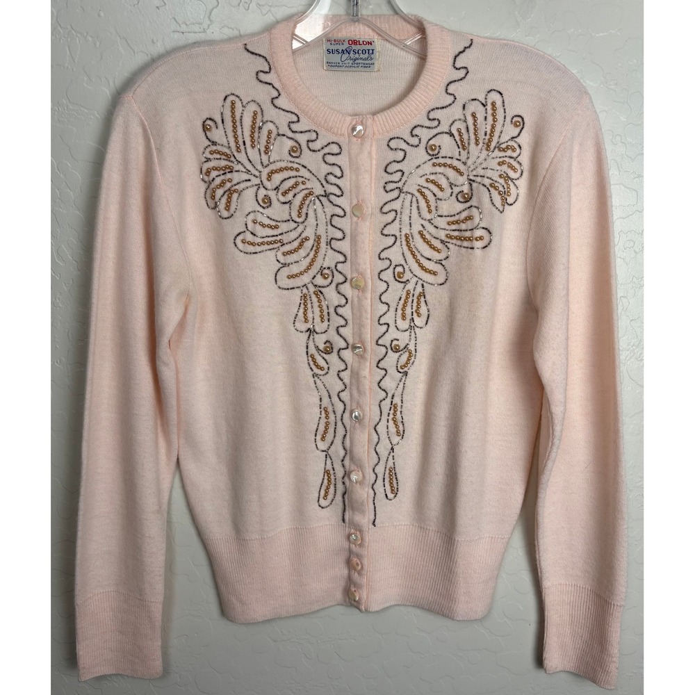Vintage Susan Scott Originals‎ Pink Beaded Cardigan Orlon Acrylic 50s 60s M 2316